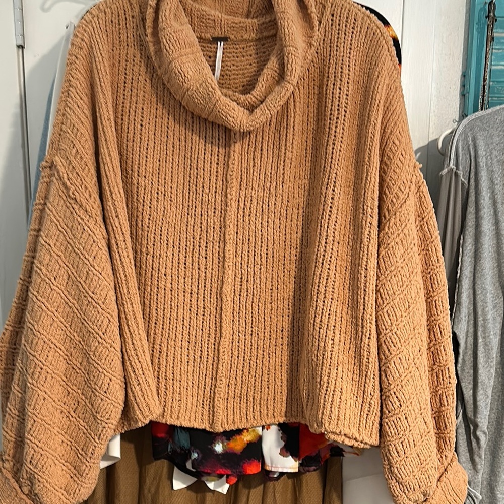 Free People Tan Cowl Neck Sweater with Chunky Knit